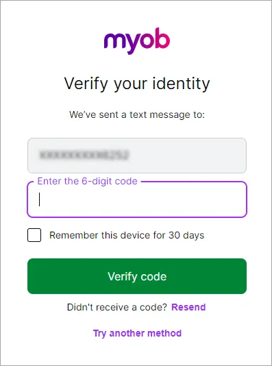 Example prompt to enter verification code
