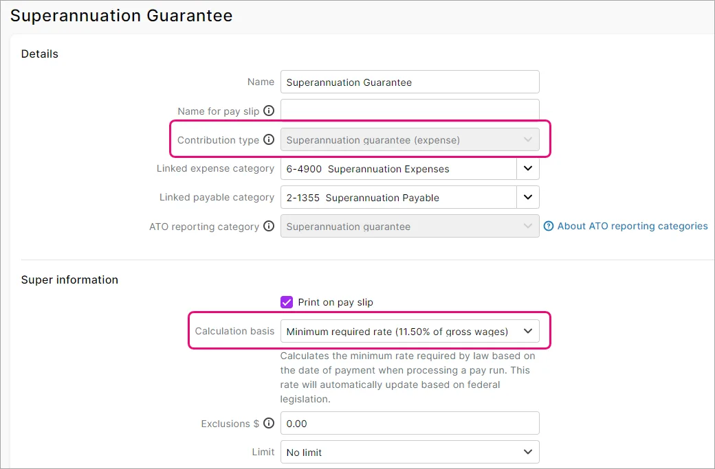 Super guarantee pay item with new calculation basis highlighted