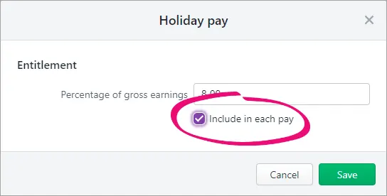 Holiday pay screen with selected option highlighted