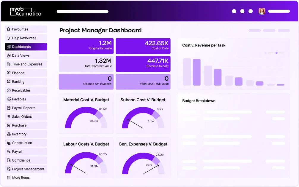 MYOB Acumatica Project Manager Dashboard showing financial metrics, cost vs budget gauges, and revenue data with purple interface.