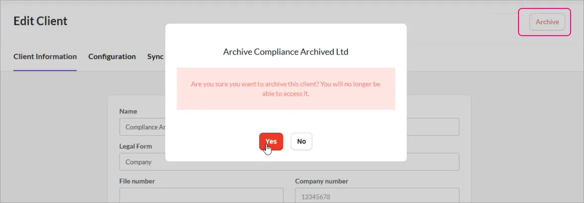 Dialog window saying 'Are you sure you want to archive this client? You will no longer be able to access it.'