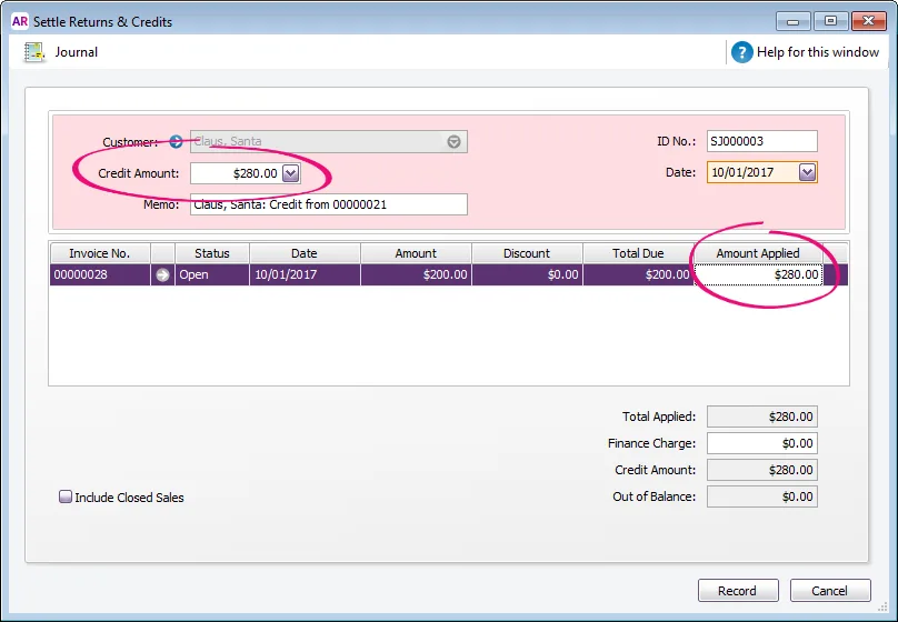 Settle returns and credits window with credit amount and amount applied highlighted