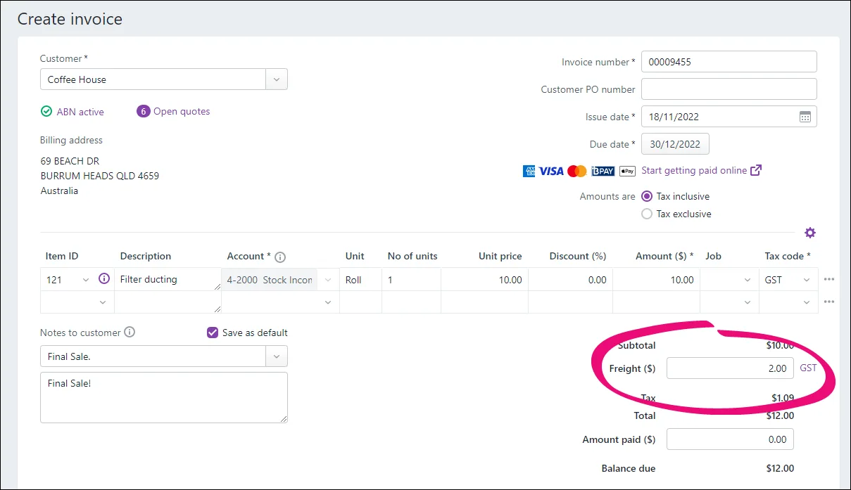 Freight field in an invoice