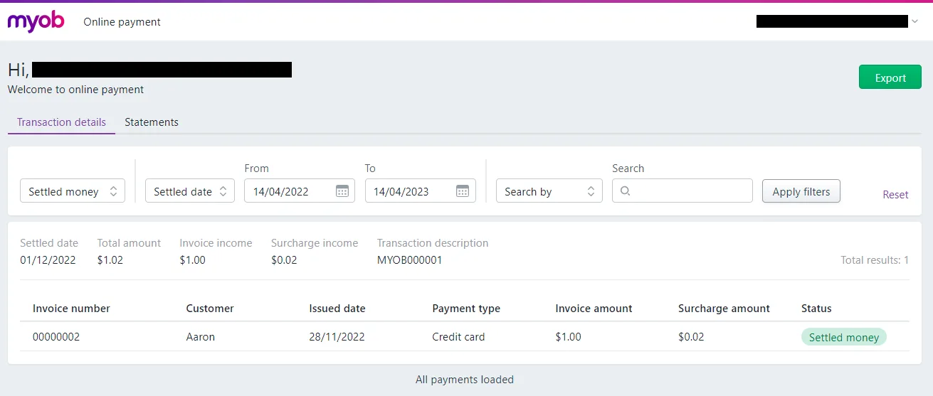 Example transaction details report