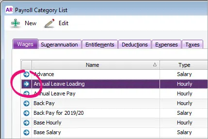 Payroll category list with zoom arrow for leave loading highlighted