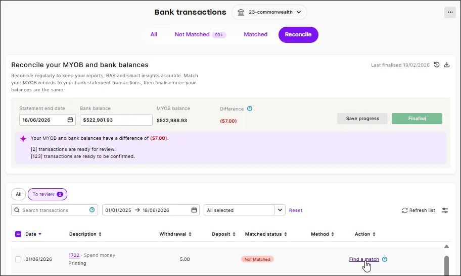 Reconcile view with an Action highlighted