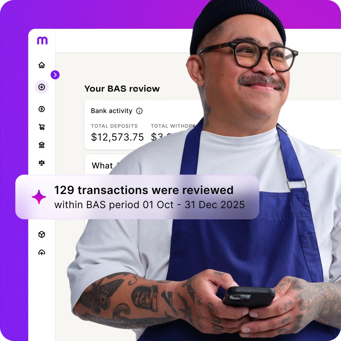 Chef in blue apron with tattoos holding phone against purple background, with "AI BAS" and "BAS ready" interface elements.