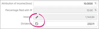 A circle with an arrow icon highlighted next to the Interest field, and a pen icon highlighted next to the Dividends field