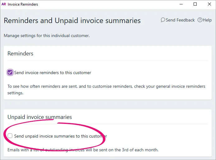 AccountRight unpaid invoices summary deselected for specific customer