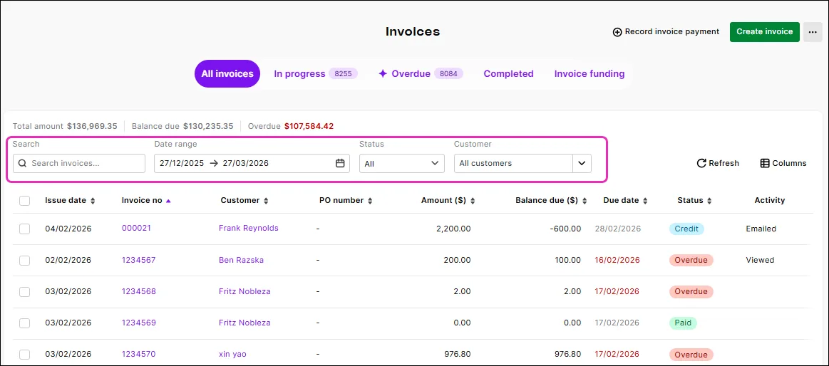 Invoices page filters