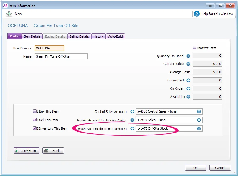 Example off-site stock item setup with asset account highlighted