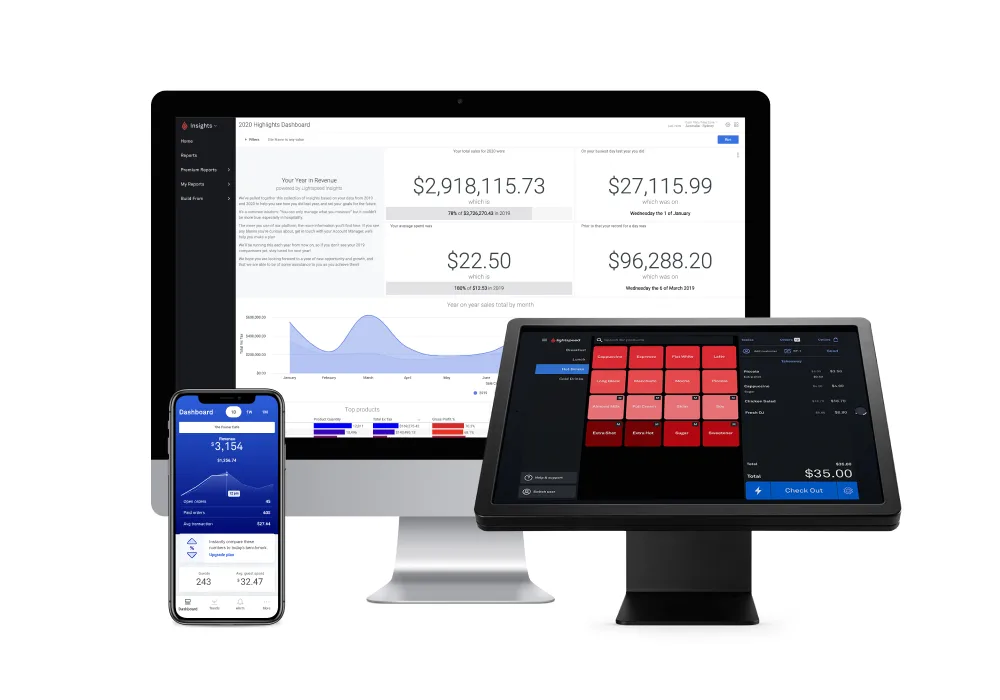 Lightspeed register links with mobile phone and desktop app, so you can see the latest sales figures and trends from your dashboard. 