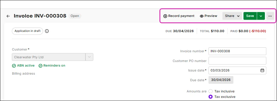 Use the options at the top right to decide what you want to do with the invoice