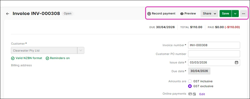 Use the options at the top right to decide what you want to do with the invoice