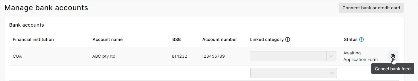 Example manage bank accounts page with mouse hovering over the cancel button