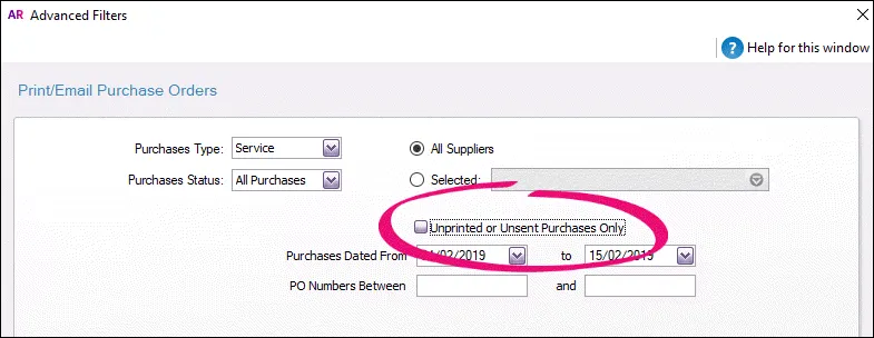 AccountRight Deselect Unprinted or Unsent Purchases