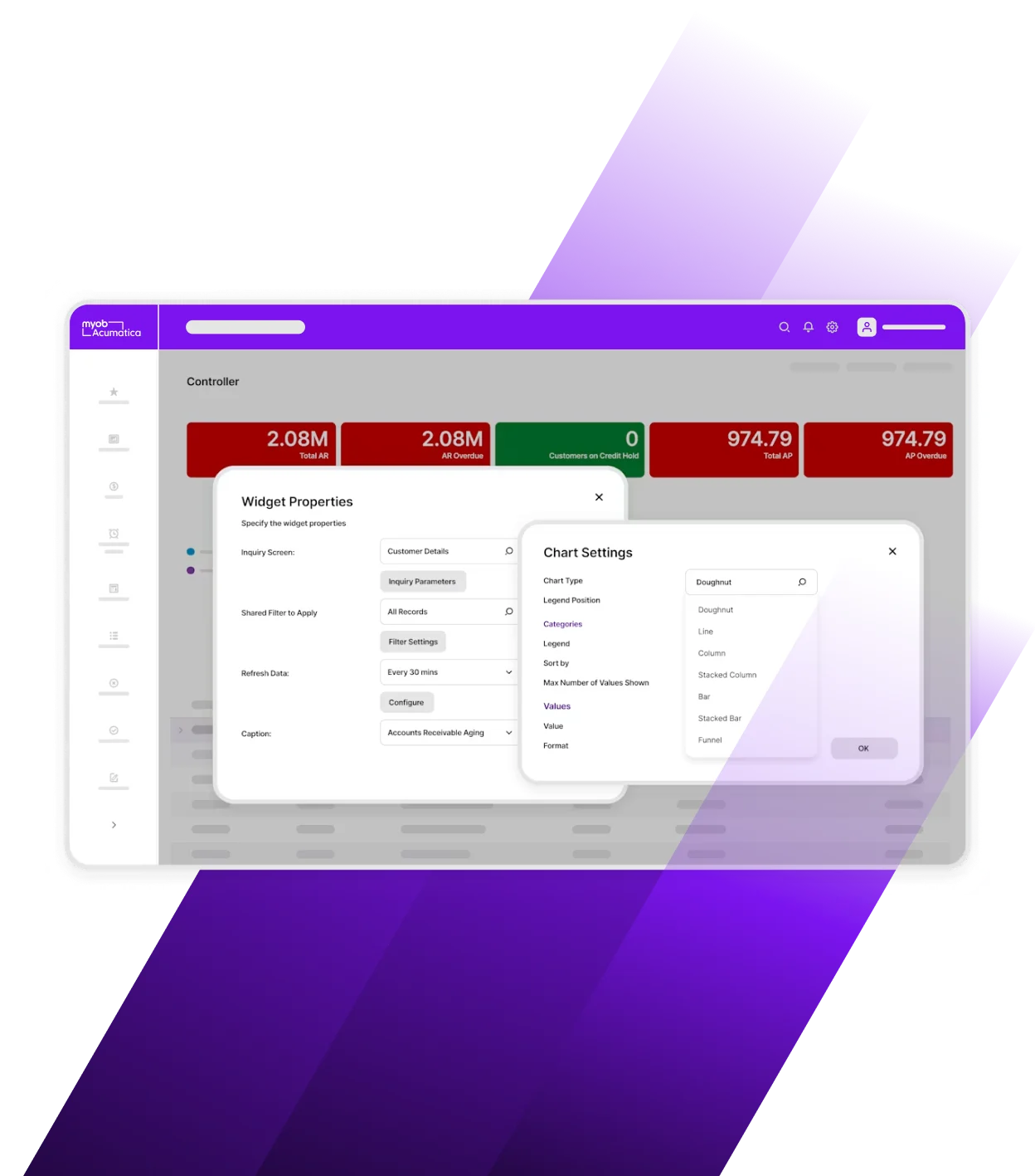 Financial dashboard showing accounts receivable metrics with widget properties and chart settings configuration panels open.