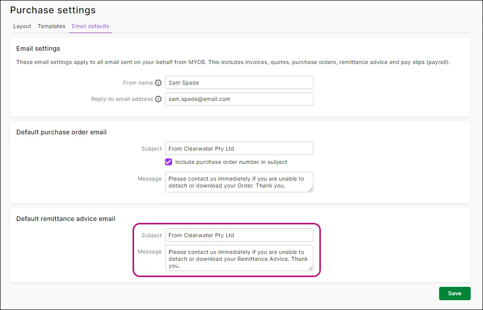 Default remittance advice email message and subject