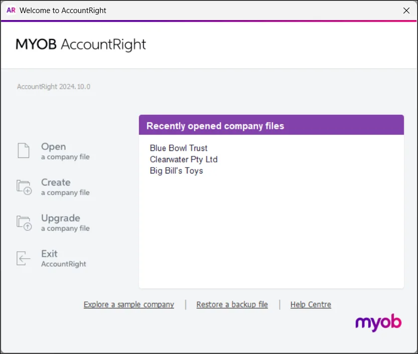 AccountRight Welcome window recently opened