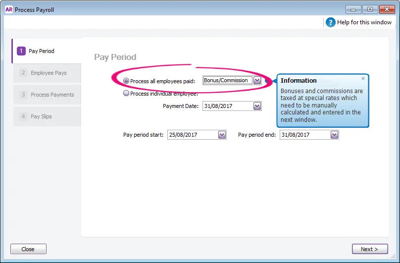 Example pay period window with bonus/commission highlighted