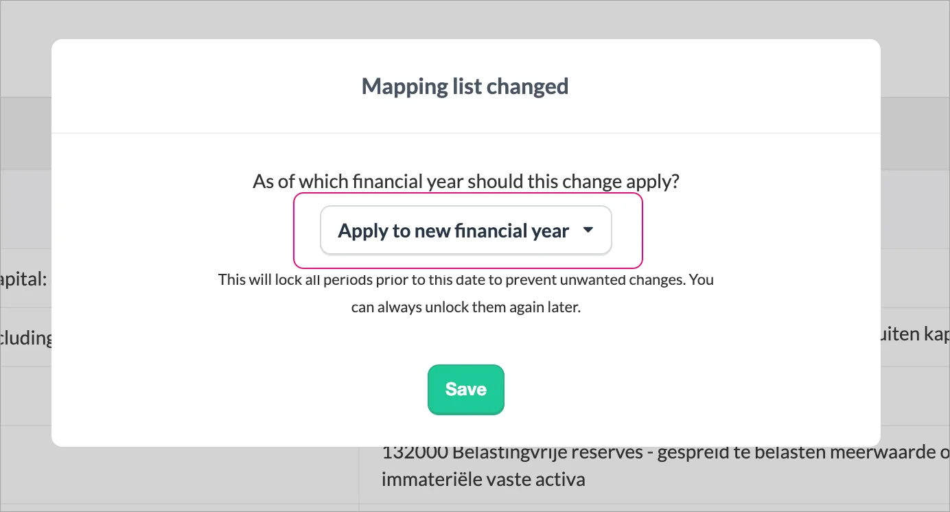 Mapping list changed window with Apply to new financial year option selected