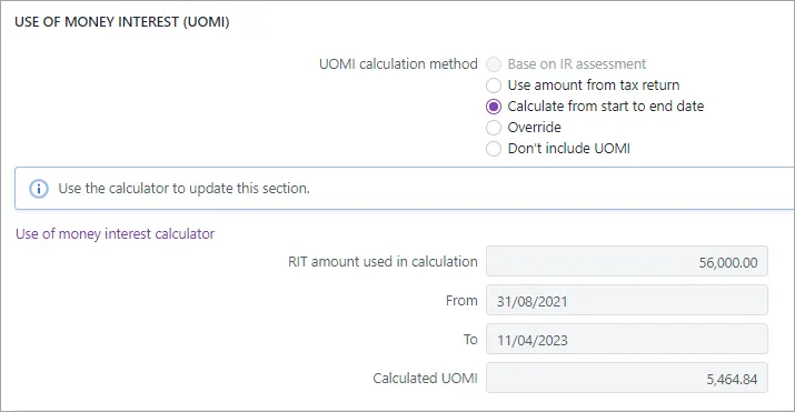 Calculate from start to end date option selected with populated fields below it