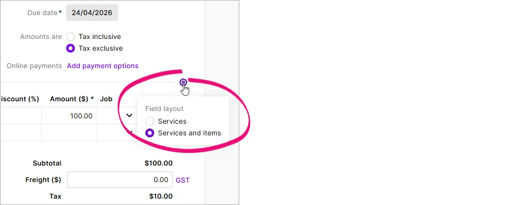Example invoice with field layout cog clicked and services and items selected