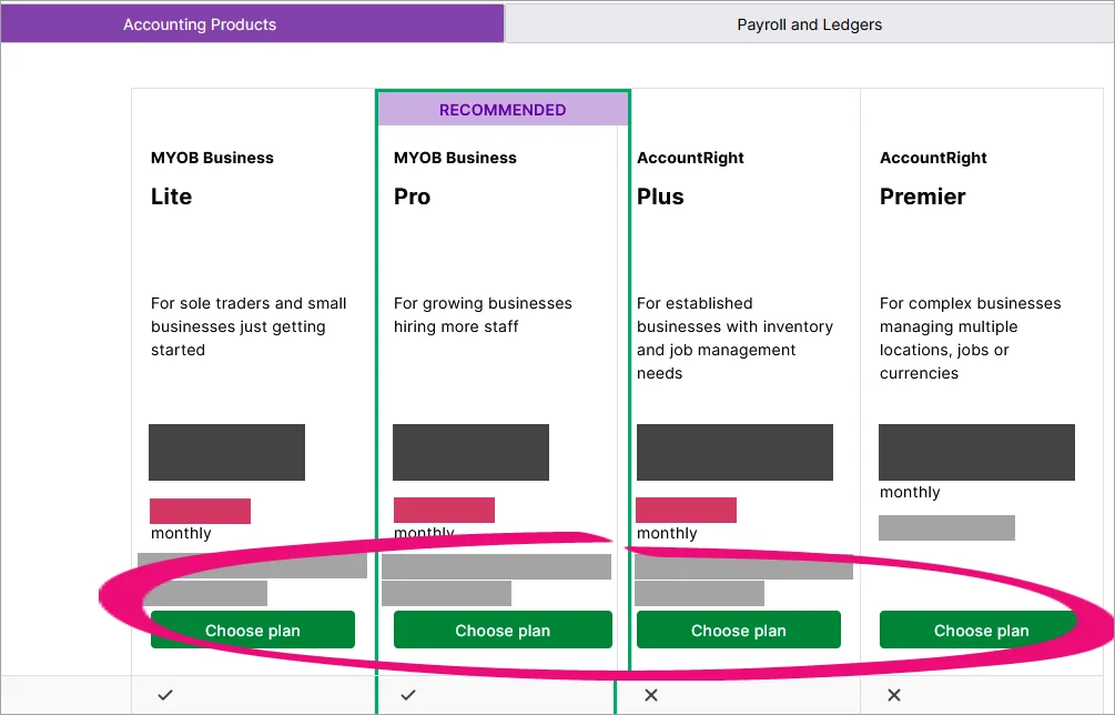 Choose plan buttons in the Select the product you'd like to purchase section