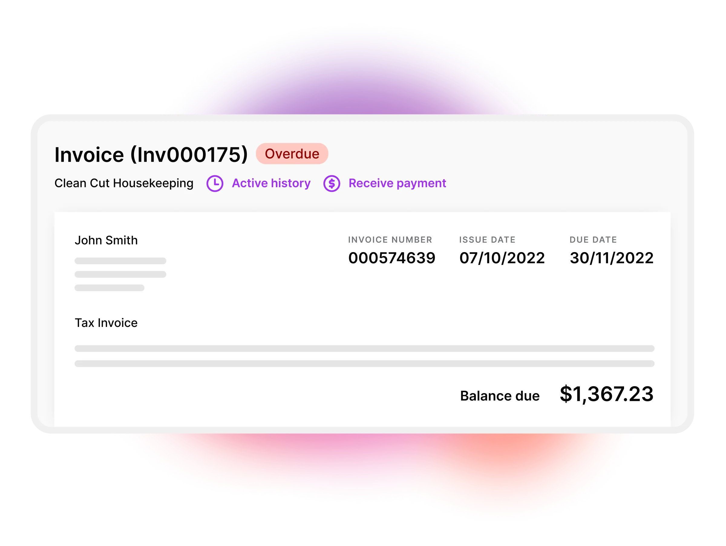 Simple illustrated version of an overdue invoice in MYOB Business. The invoice screen has the invoice number, status and customer name. Next to the customer name are invoice history or prompt payment buttons.