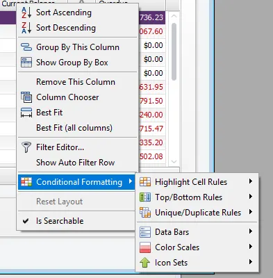 Condition formatting options