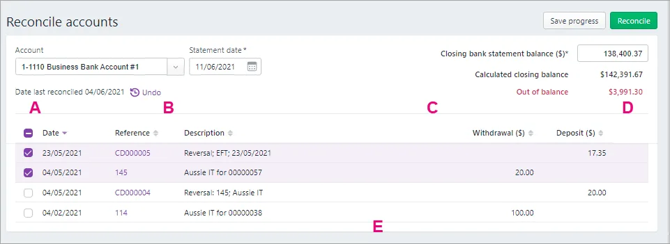 Bank reconciliation differences in MYOB Business