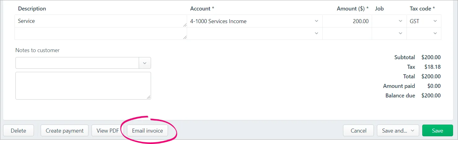 Email invoice button highlighted on an invoice