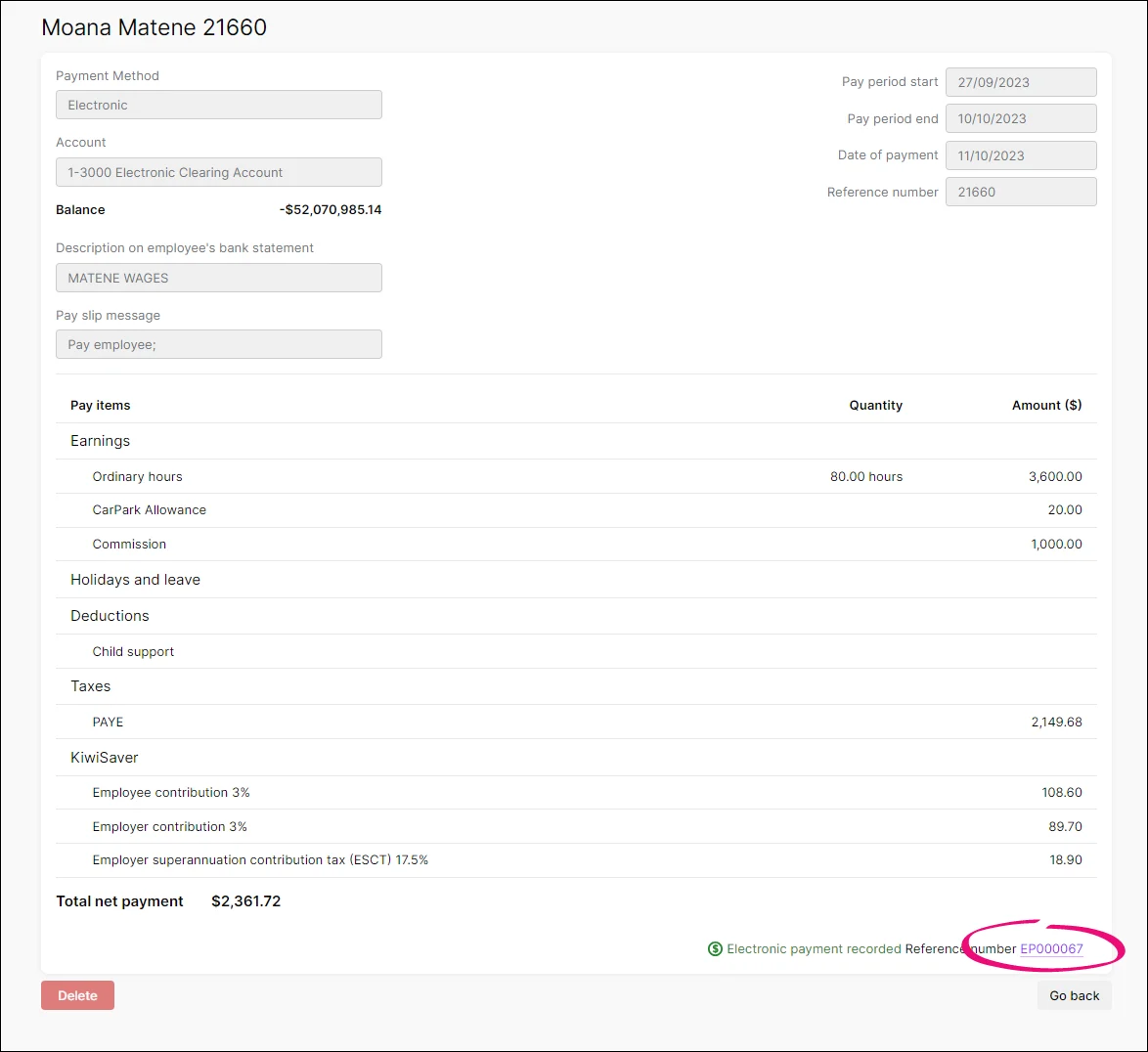 Click the Reference number of the electronic payment to open it