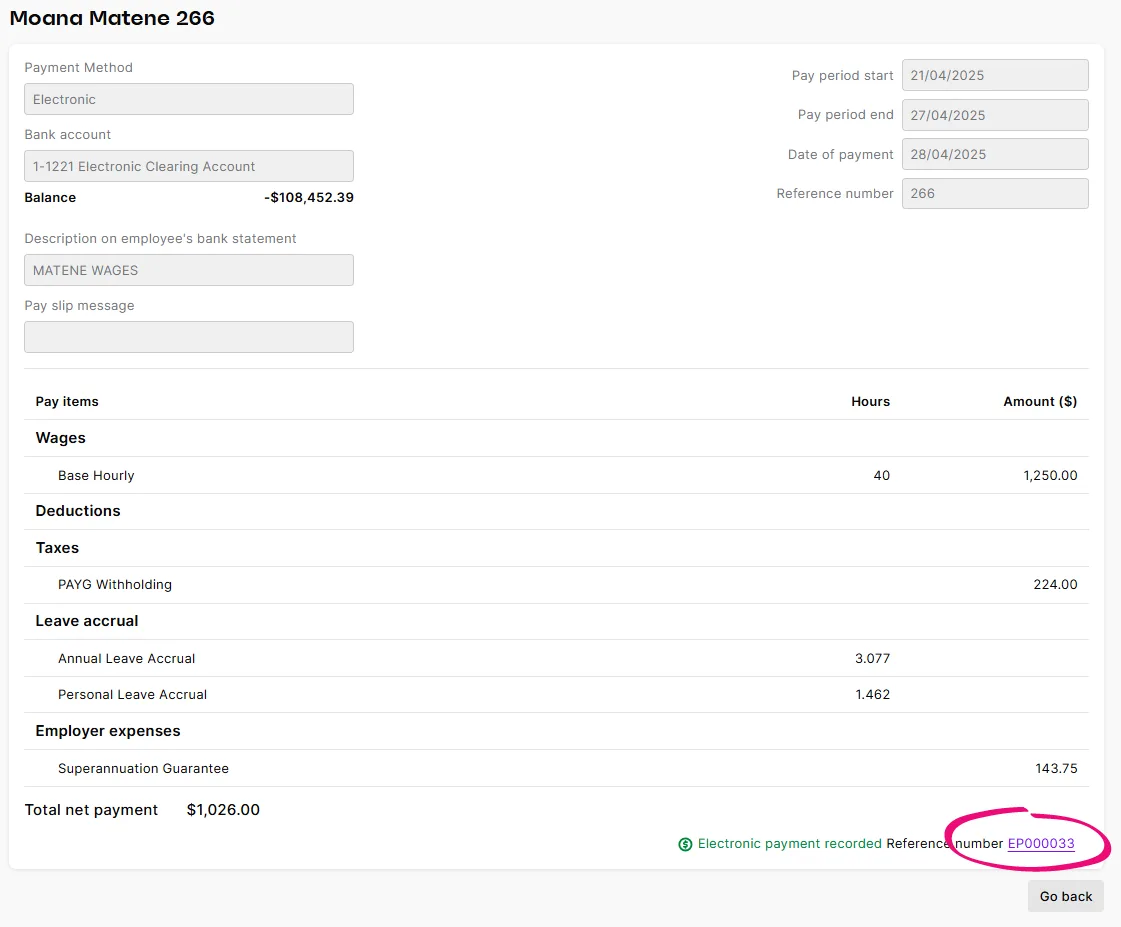 Click the Reference number of the electronic payment to open it