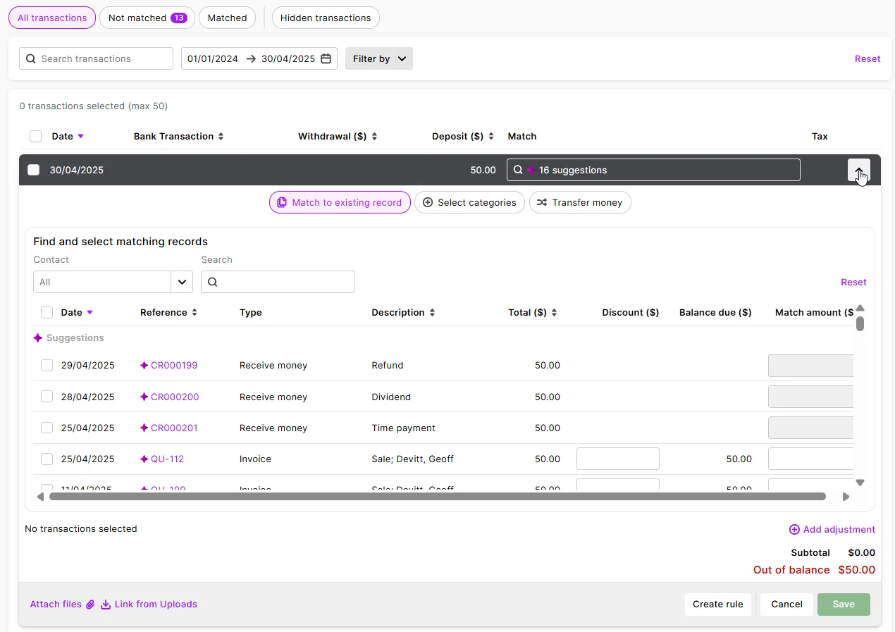 Expand the suggestions to see more details like reference numbers or descriptions