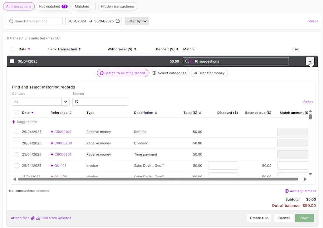 Bank Transaction Options Matching bank transactions