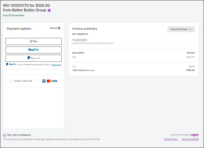 What a customer sees when they click Pay securely in an online payments invoice