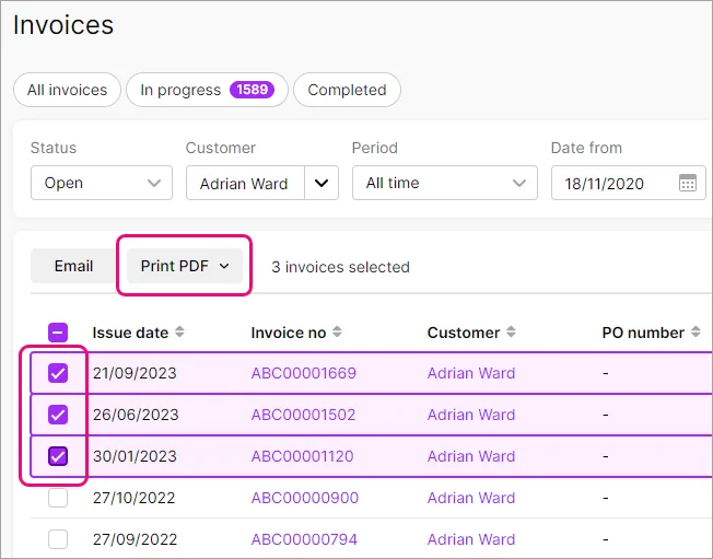 Example Invoices page with 3 invoices selected and print PDF button highlighted