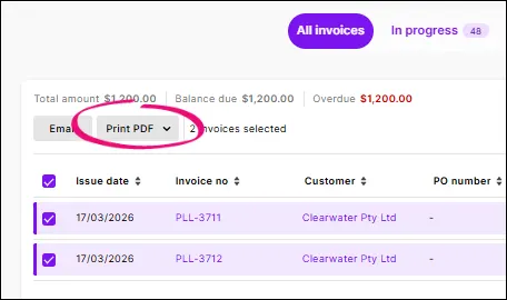 Example Invoices page with 2 invoices selected and print PDF button highlighted