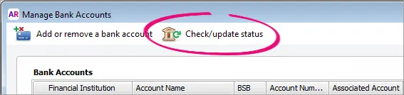 Manage bank accounts window with Check update status button highlighted