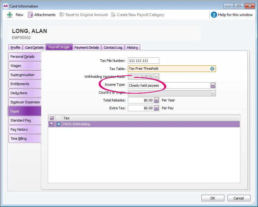 Example closely held employee card with income type field highlighted