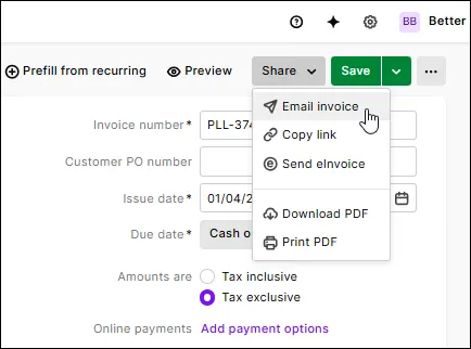 Send the customer an email from the Share menu