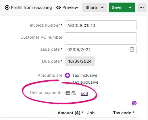 Example invoice with online payment edit options highlighted