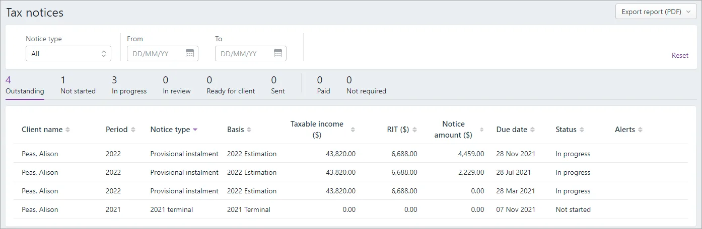 Tax notices page