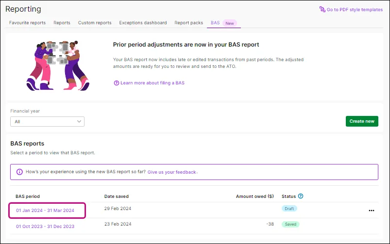 Click the BAS period of the BAS report draft to open it