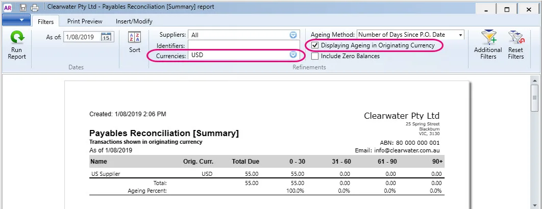 payables report filters highlighted