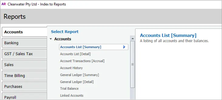 Report Account Interface Frequently used reports