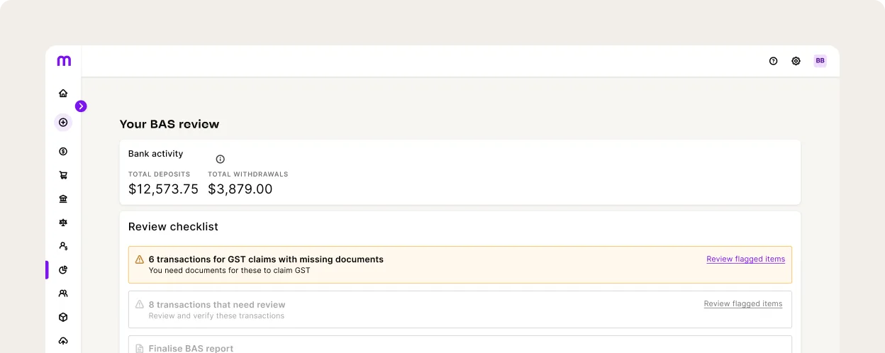 Banking activity summary showing $12,573.75 in deposits and $3,879.00 in withdrawals, with alerts for missing GST claim documents.