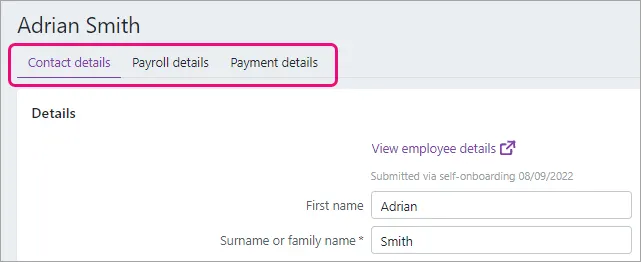 Example employee record with tabs highlighted