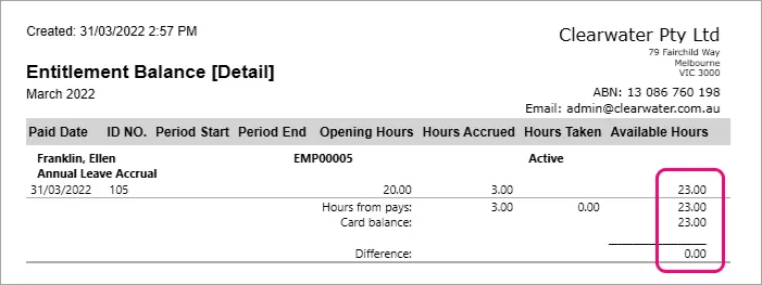 Example balance details report with available balance and difference highlighted